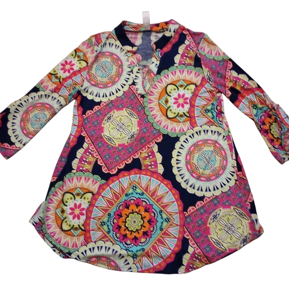 Honeyme - Multi Colored Tunic, 3/4 Sleeves W/Button, V-neck Size Small, Made USA - Picture 5 of 10